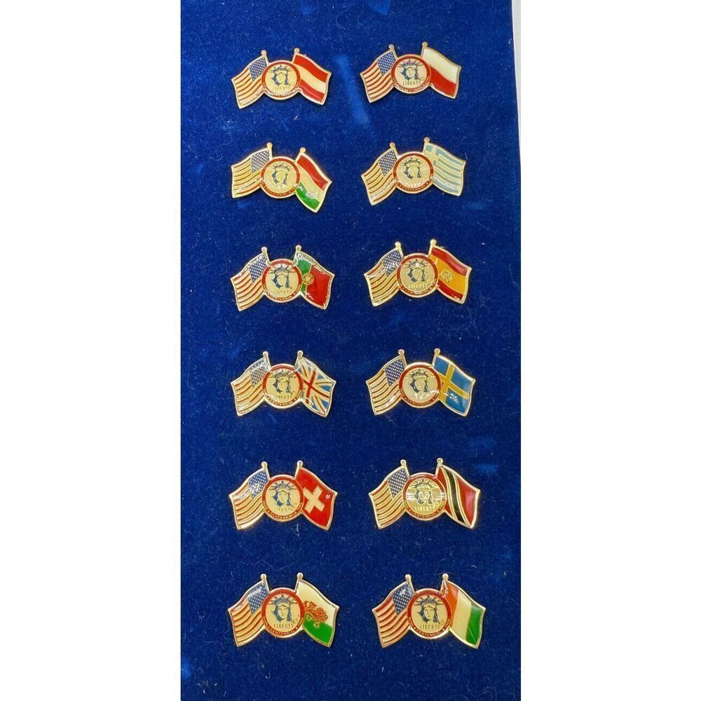 (26) Vintage Statue of Liberty with US & International Flags Patriotic Pins